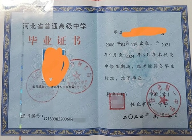 武昌任丘市第一中学高中毕业证样本图片