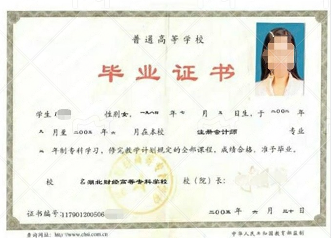 湖北财经高等专科学校2005年普通全日制专科毕业证书样本图片（注册会计师）